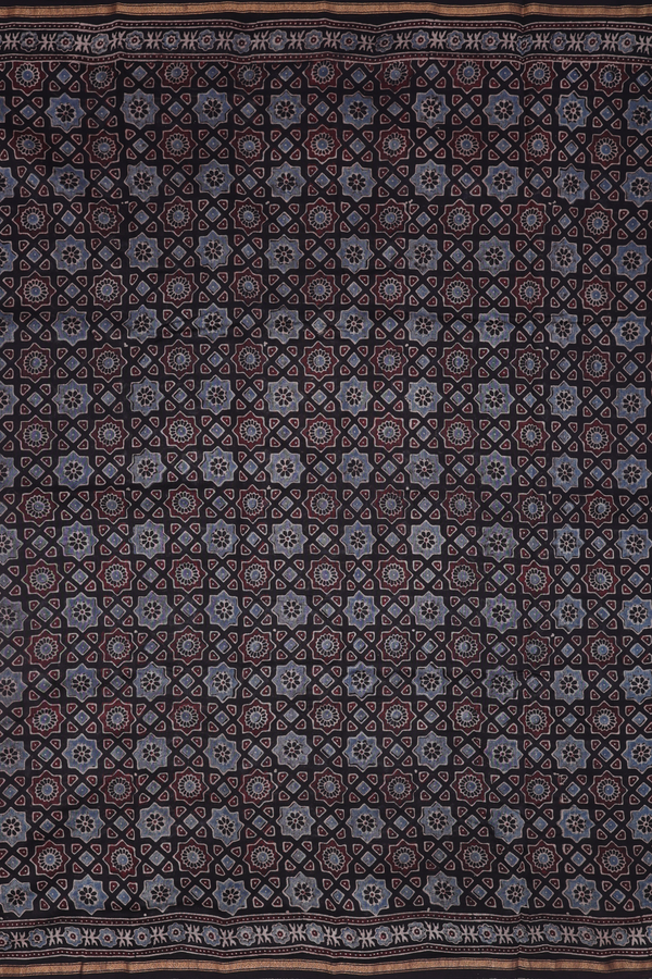 Chanderi Silk Cotton Saree In Black With Ajrakh Printed