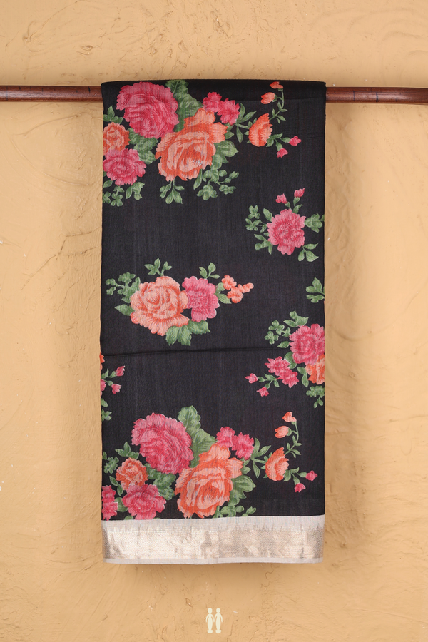 Chanderi Silk Cotton Saree In Black With Floral Design