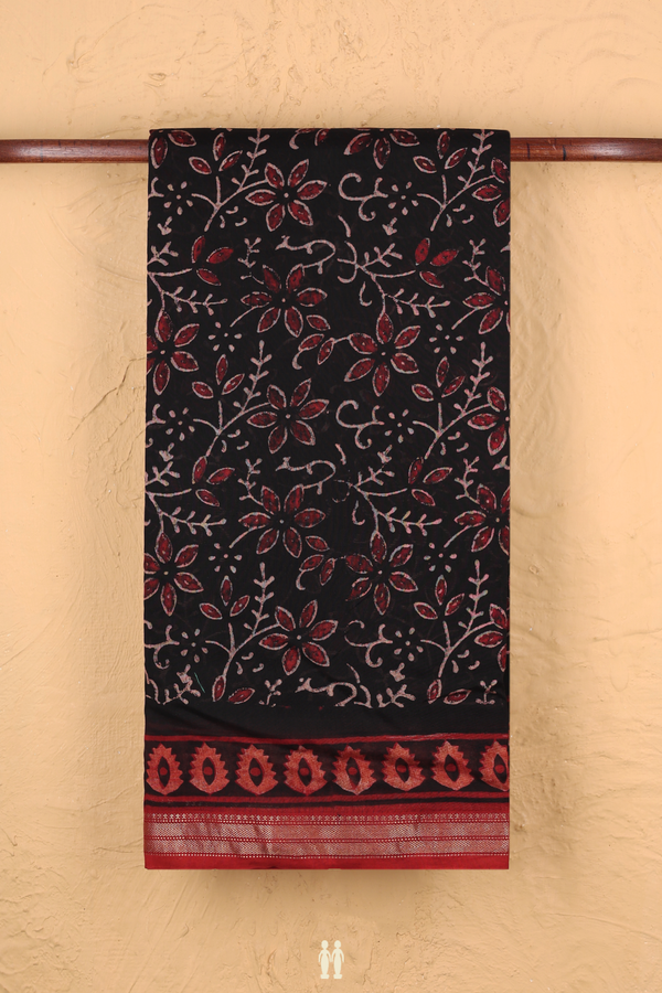 Chanderi Silk Cotton Saree In Black With Floral Design