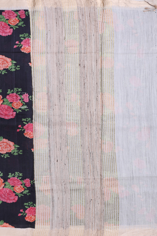 Chanderi Silk Cotton Saree In Black With Floral Design