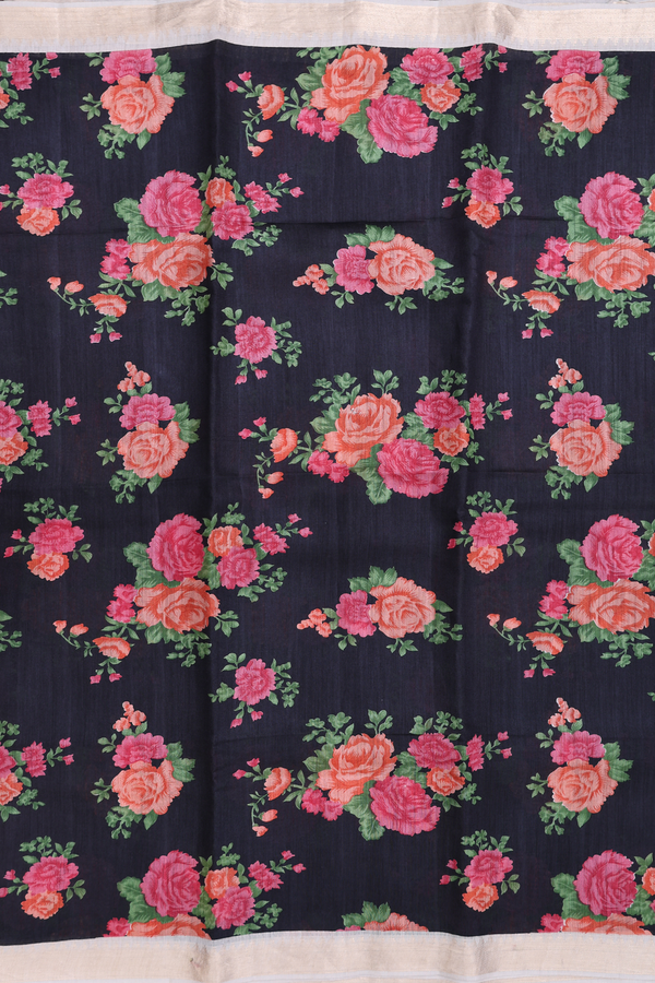 Chanderi Silk Cotton Saree In Black With Floral Design