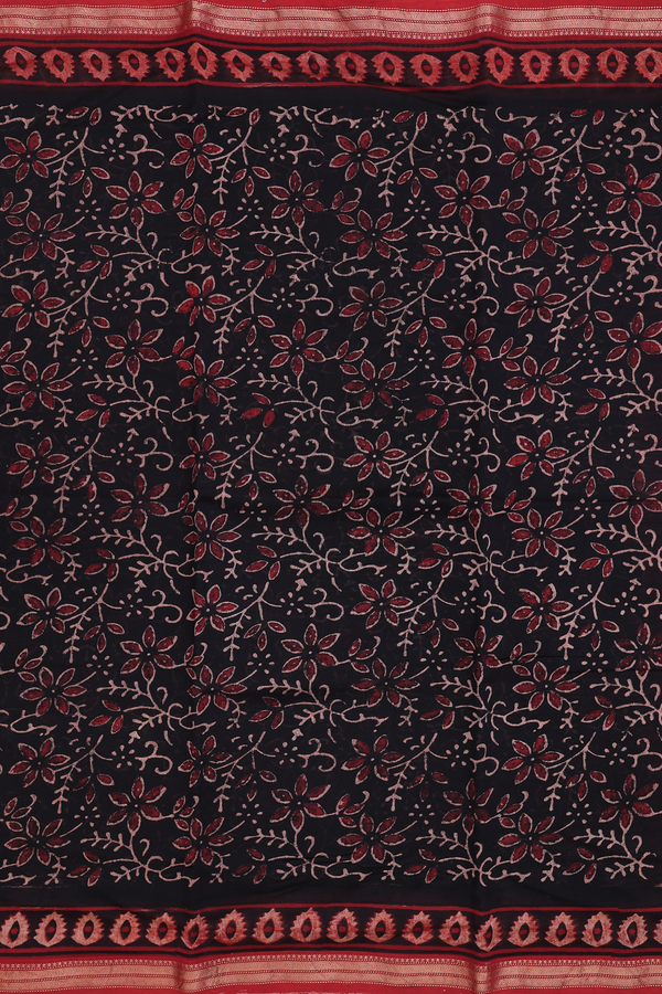 Chanderi Silk Cotton Saree In Black With Floral Design