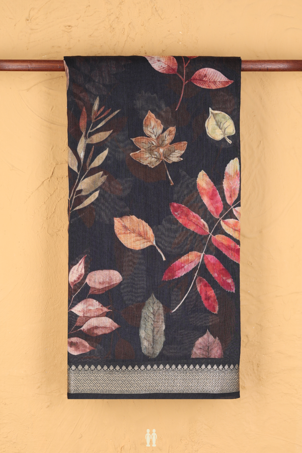 Chanderi Silk Cotton Saree In Black With Leaf Design