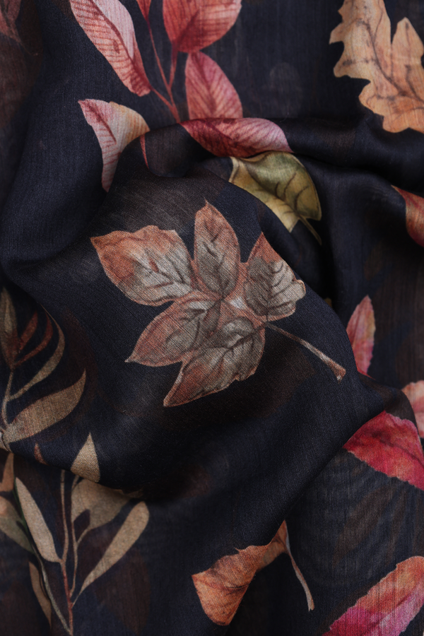 Chanderi Silk Cotton Saree In Black With Leaf Design