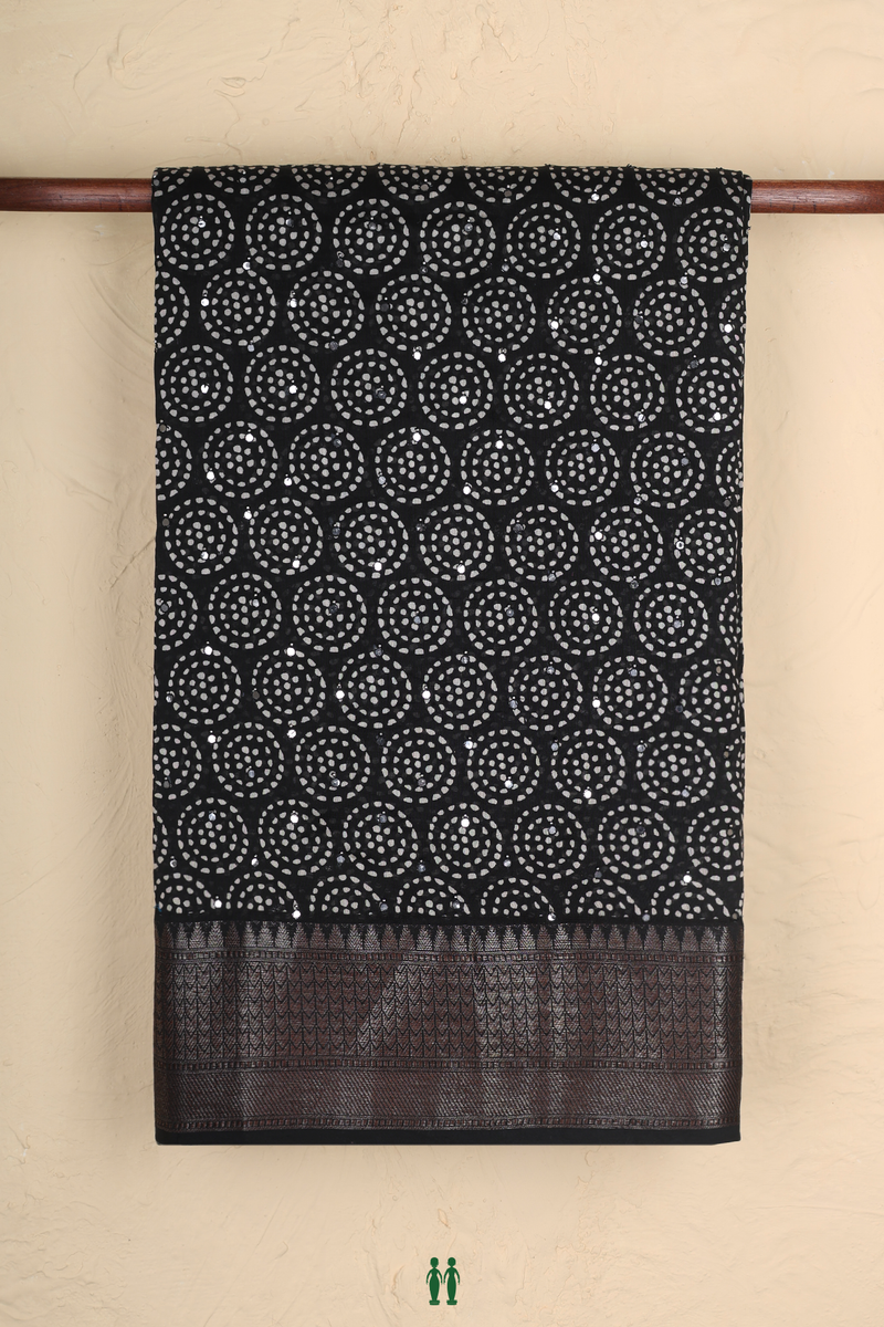 Chanderi Silk Cotton Saree In Black With Mirror Work Buttis