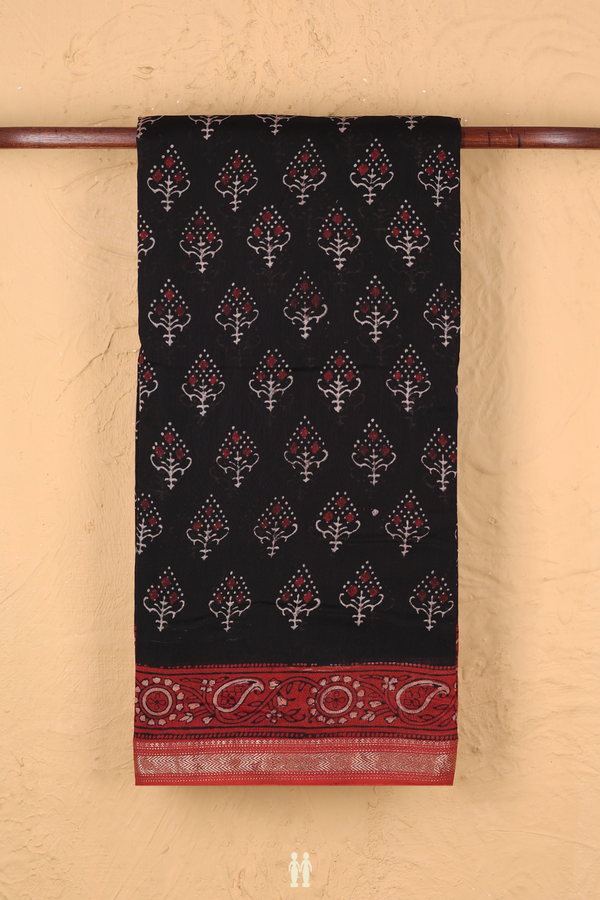 Chanderi Silk Cotton Saree In Black With Printed Design