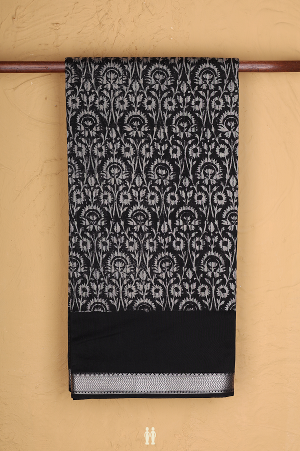 Chanderi Silk Cotton Saree In Black With Floral Design