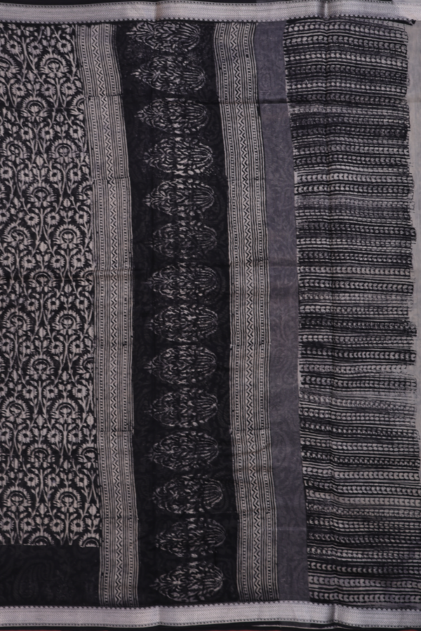 Chanderi Silk Cotton Saree In Black With Floral Design