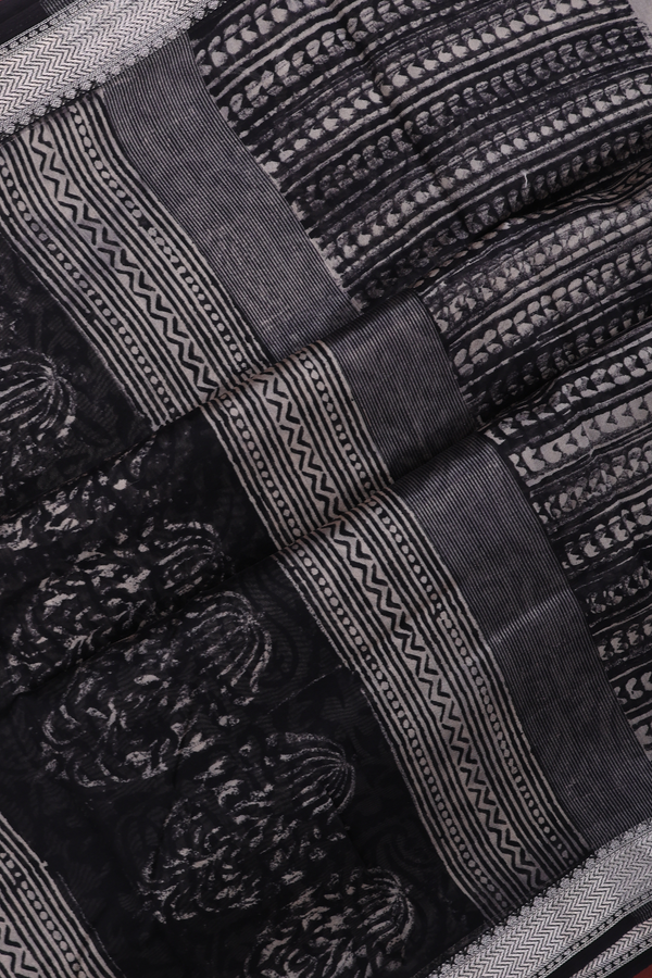 Chanderi Silk Cotton Saree In Black With Floral Design