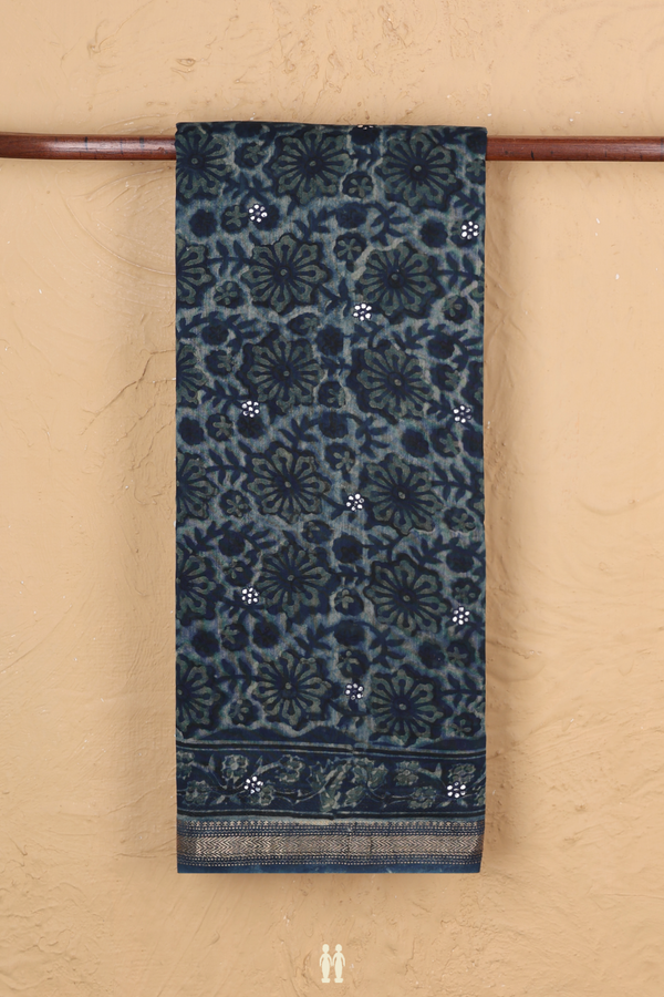 Chanderi Silk Cotton Saree In Blue With Floral Printed Design