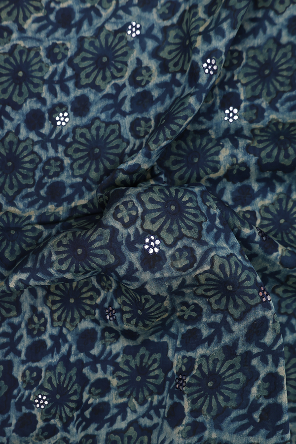 Chanderi Silk Cotton Saree In Blue With Floral Printed Design