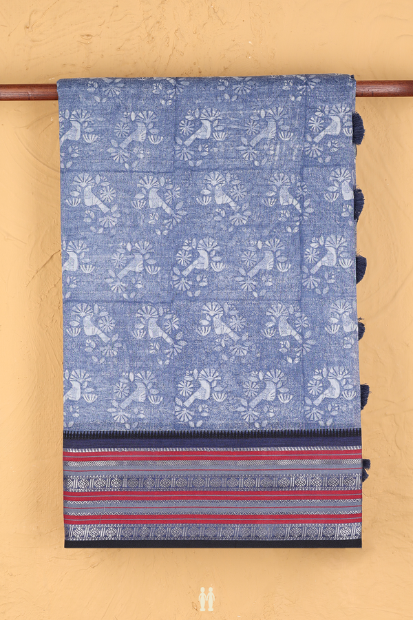 Chanderi Silk Cotton Saree In Blue With Printed Design