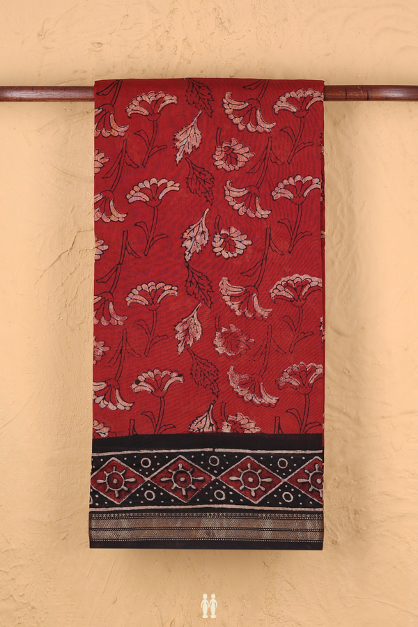 Chanderi Silk Cotton Saree In Brick Red With Floral Design