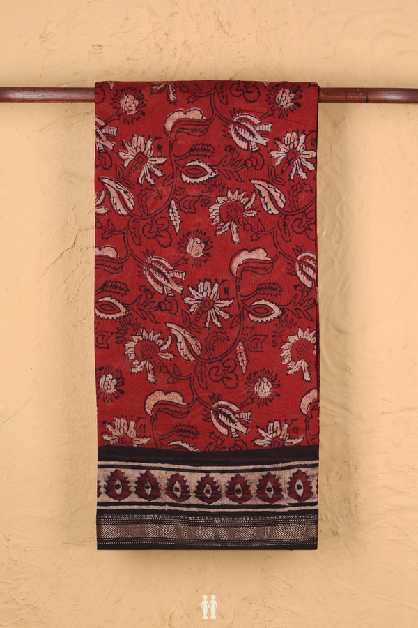 Chanderi Silk Cotton Saree In Brick Red With Floral Design