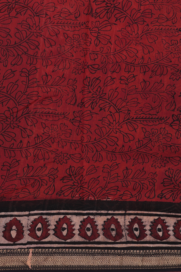 Chanderi Silk Cotton Saree In Brick Red With Floral Design