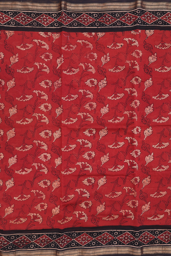 Chanderi Silk Cotton Saree In Brick Red With Floral Design