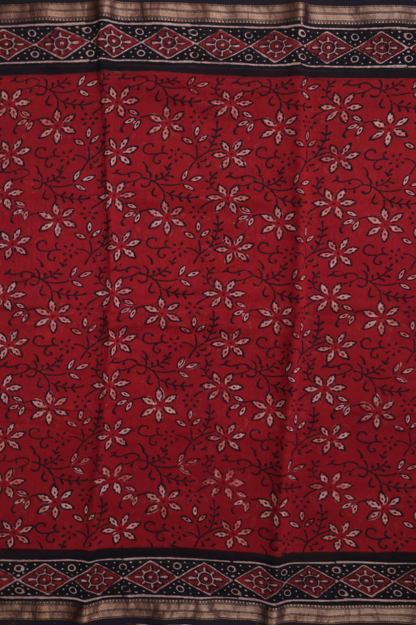 Chanderi Silk Cotton Saree In Brick Red With Floral Design