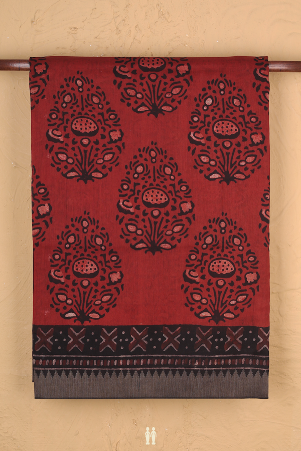Chanderi Silk Cotton Saree In Brick Red With Printed Design
