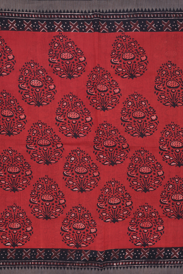 Chanderi Silk Cotton Saree In Brick Red With Printed Design