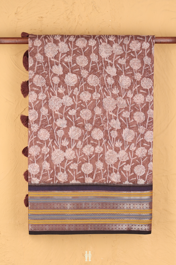 Chanderi Silk Cotton Saree In Brown With Floral Design
