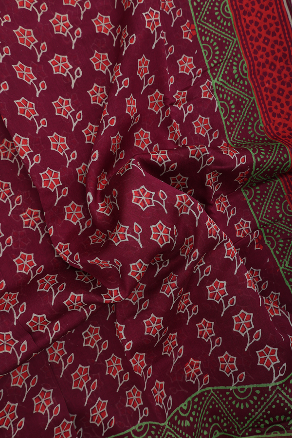 Chanderi Silk Cotton Saree In Burgundy Red With Floral Buttas