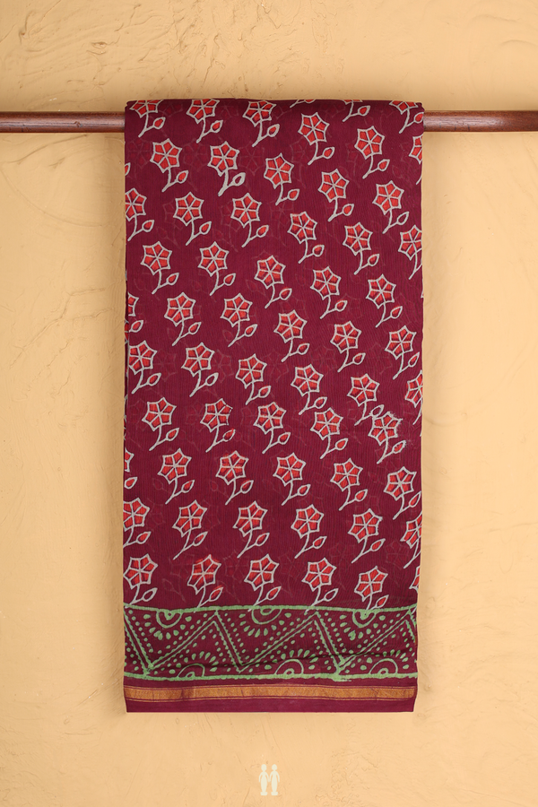Chanderi Silk Cotton Saree In Burgundy Red With Floral Buttas