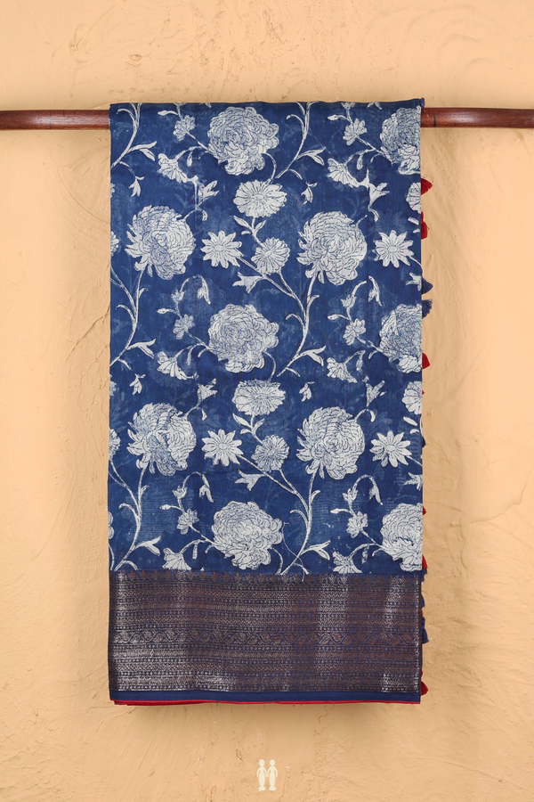 Chanderi Silk Cotton Saree In Prussian Blue With Floral Design