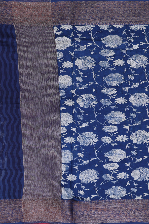 Chanderi Silk Cotton Saree In Prussian Blue With Floral Design
