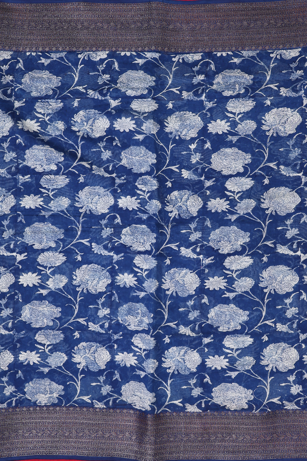 Chanderi Silk Cotton Saree In Prussian Blue With Floral Design