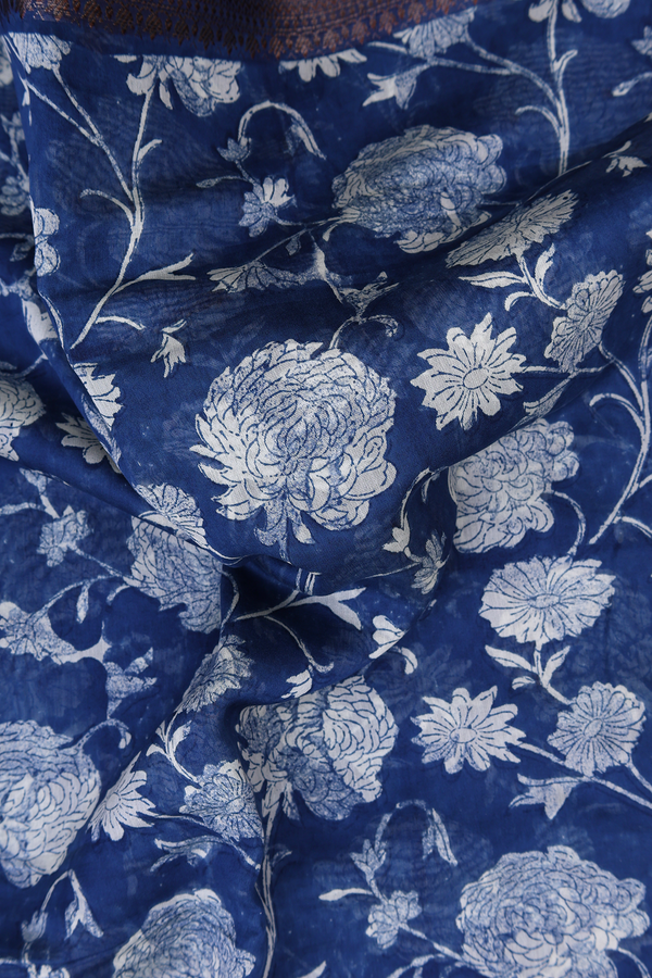 Chanderi Silk Cotton Saree In Prussian Blue With Floral Design