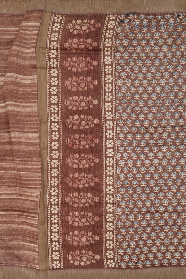 Chanderi Silk Cotton Saree In Cedar Brown With Floral Design