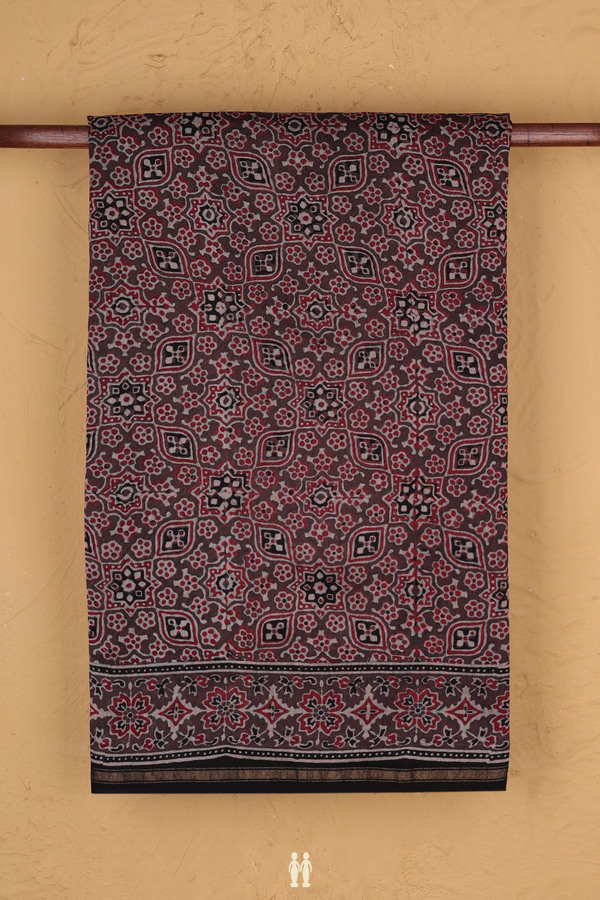 Chanderi Silk Cotton Saree In Cocoa Brown With Ajrakh Printed