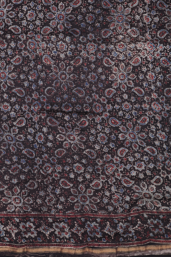 Chanderi Silk Cotton Saree In Cocoa Brown With Ajrakh Printed