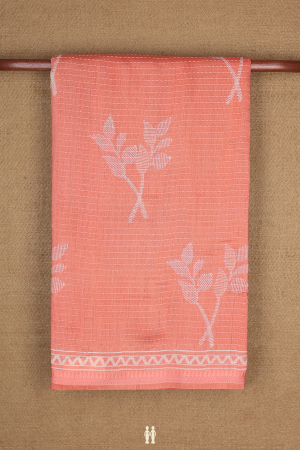 Chanderi Silk Cotton Saree In Coral Pink With Leaf Printed