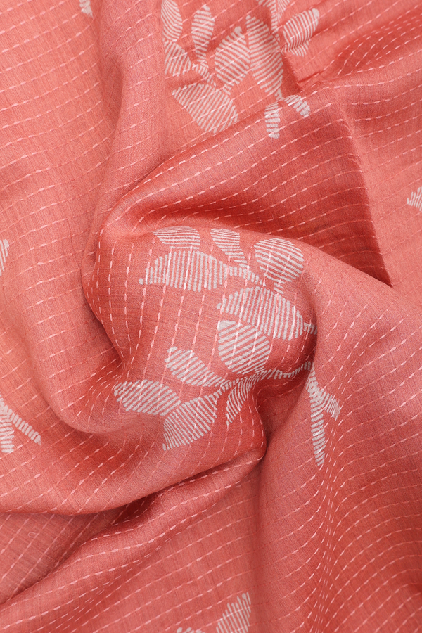 Chanderi Silk Cotton Saree In Coral Pink With Leaf Printed
