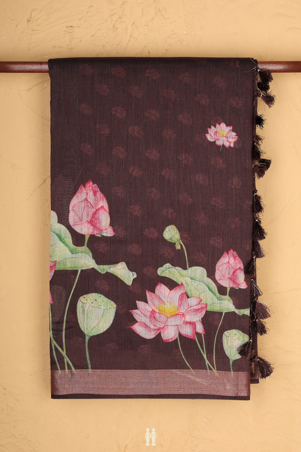 Chanderi Silk Cotton Saree In Dark Brown With Floral Buttas