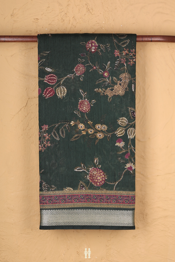 Chanderi Silk Cotton Saree In Dark Green With Floral Design