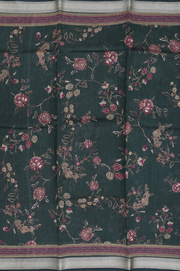 Chanderi Silk Cotton Saree In Dark Green With Floral Design