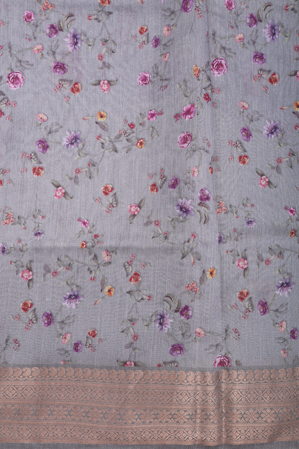Chanderi Silk Cotton Saree In Dark Grey With Floral Design