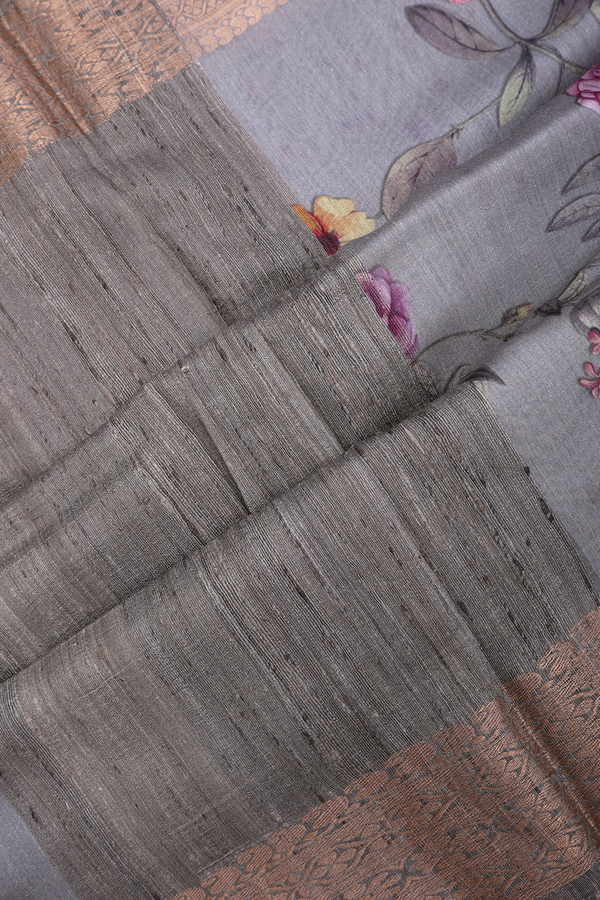 Chanderi Silk Cotton Saree In Dark Grey With Floral Design