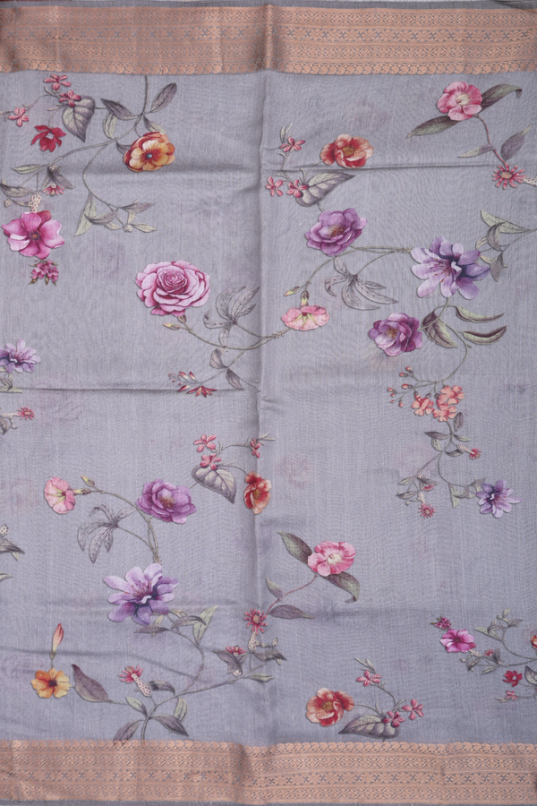 Chanderi Silk Cotton Saree In Dark Grey With Floral Design