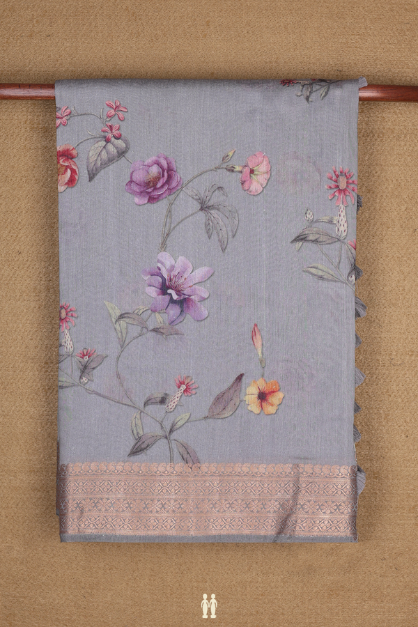 Chanderi Silk Cotton Saree In Dark Grey With Floral Design