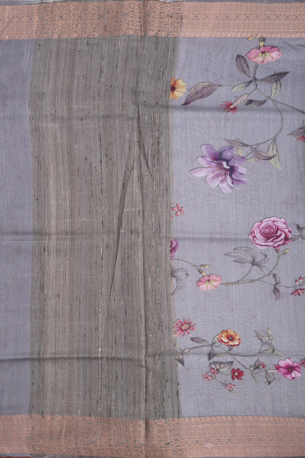Chanderi Silk Cotton Saree In Dark Grey With Floral Design