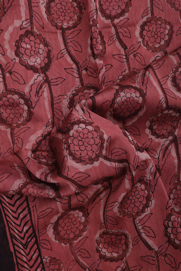 Chanderi Silk Cotton Saree In Dusty Red With Floral Design