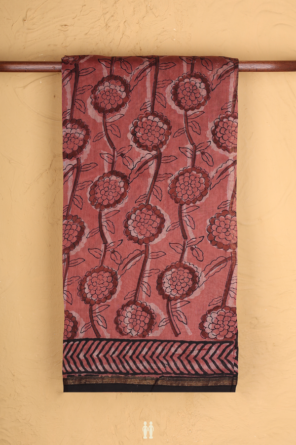 Chanderi Silk Cotton Saree In Dusty Red With Floral Design