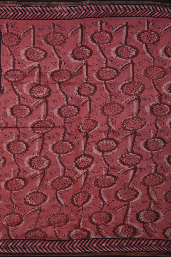Chanderi Silk Cotton Saree In Dusty Red With Floral Design