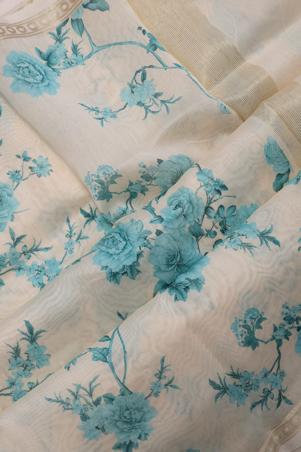 Chanderi Silk Cotton Saree In Egg White With Floral Printed