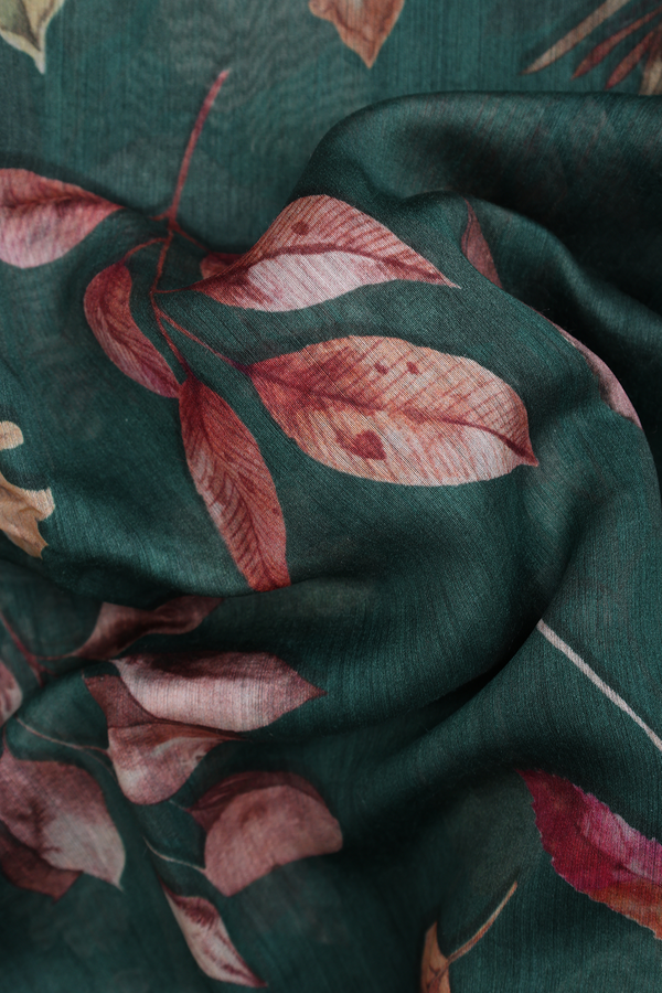 Chanderi Silk Cotton Saree In Forest Green With Leaf Design