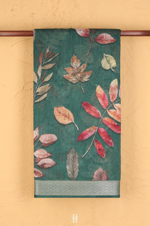 Chanderi Silk Cotton Saree In Forest Green With Leaf Design