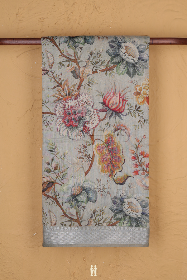 Chanderi Silk Cotton Saree In Green Beige With Floral Design